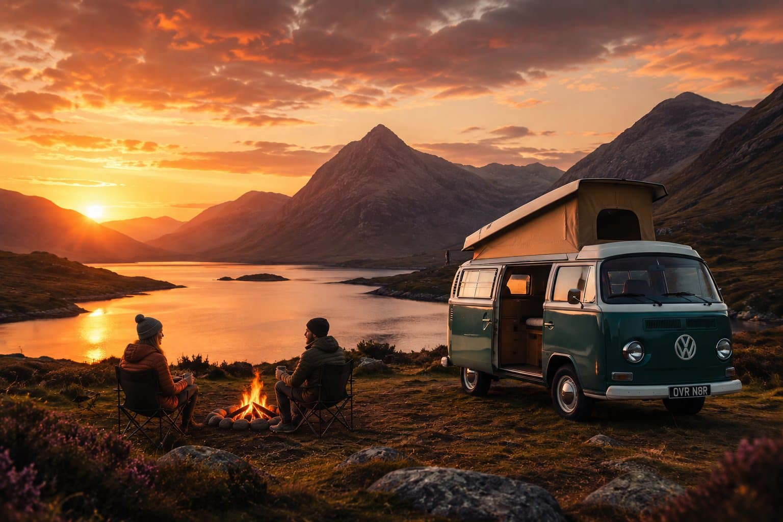 A campervan parked above a Highland glen at sunset